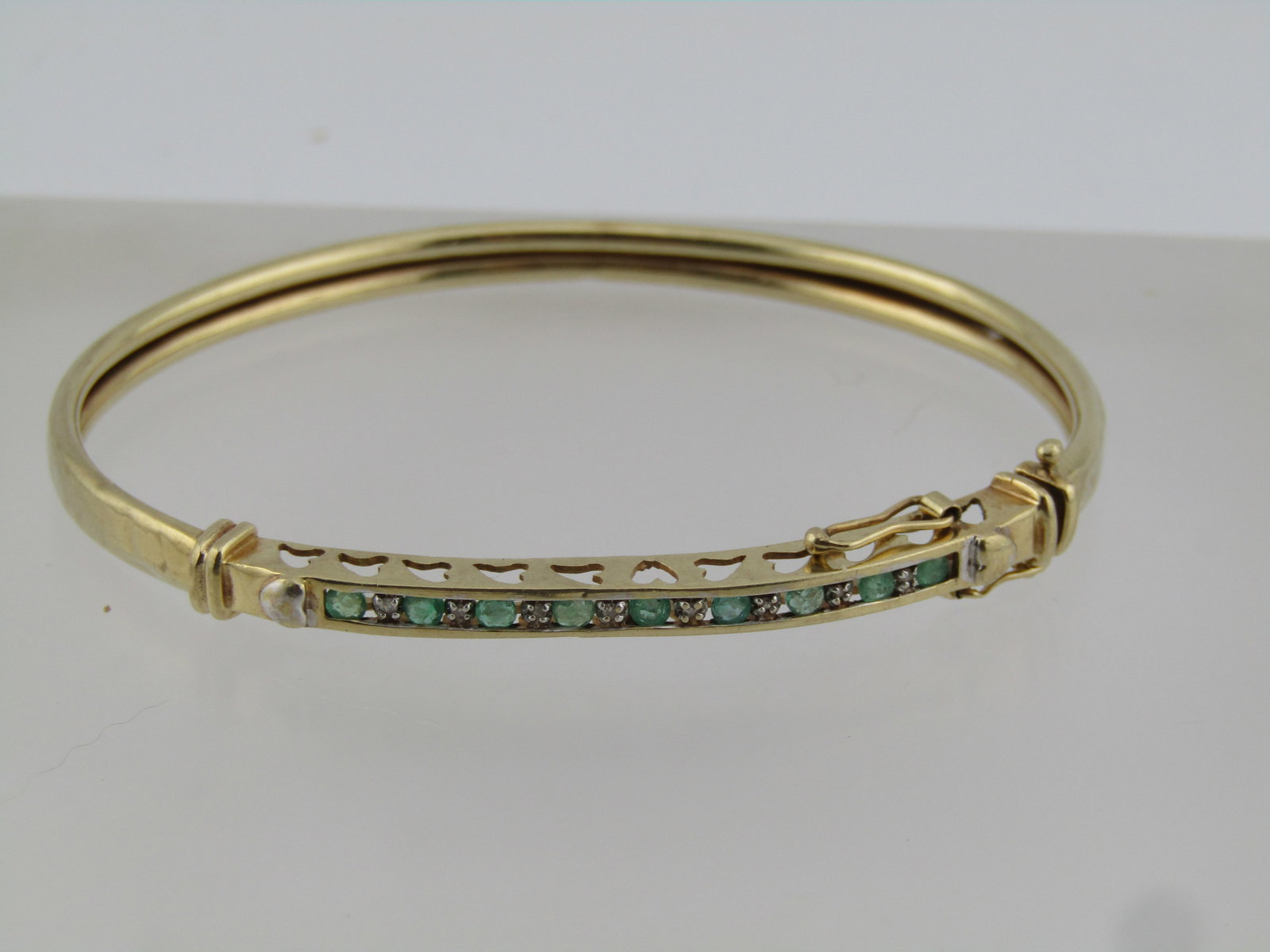 Vintage 10kt Emerald & Diamond Bangle Bracelet, Locking, 7", Mid-Century - 2