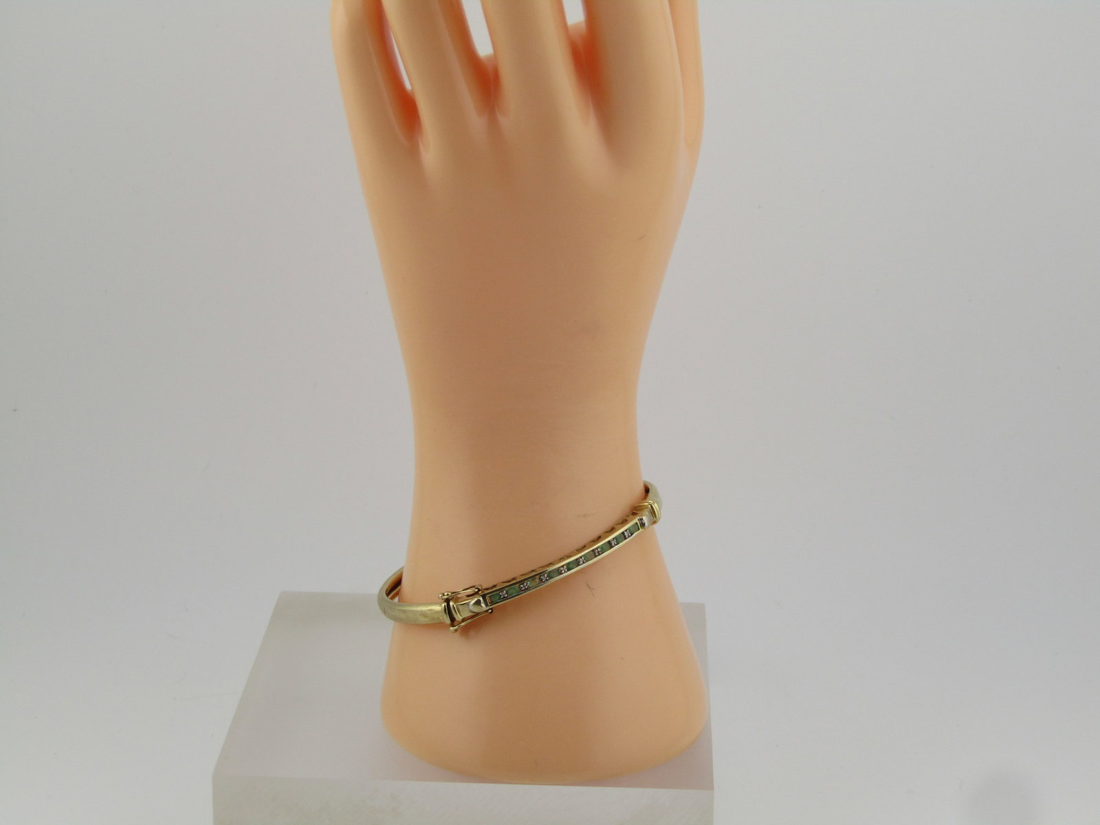 Vintage 10kt Emerald & Diamond Bangle Bracelet, Locking, 7", Mid-Century - 4