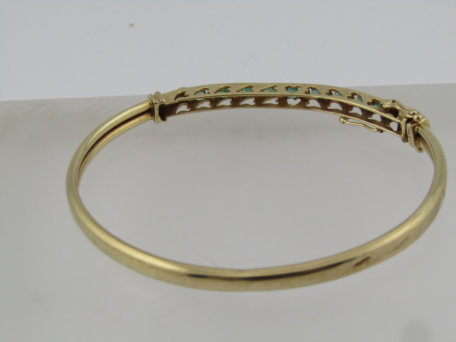Vintage 10kt Emerald & Diamond Bangle Bracelet, Locking, 7", Mid-Century - 7
