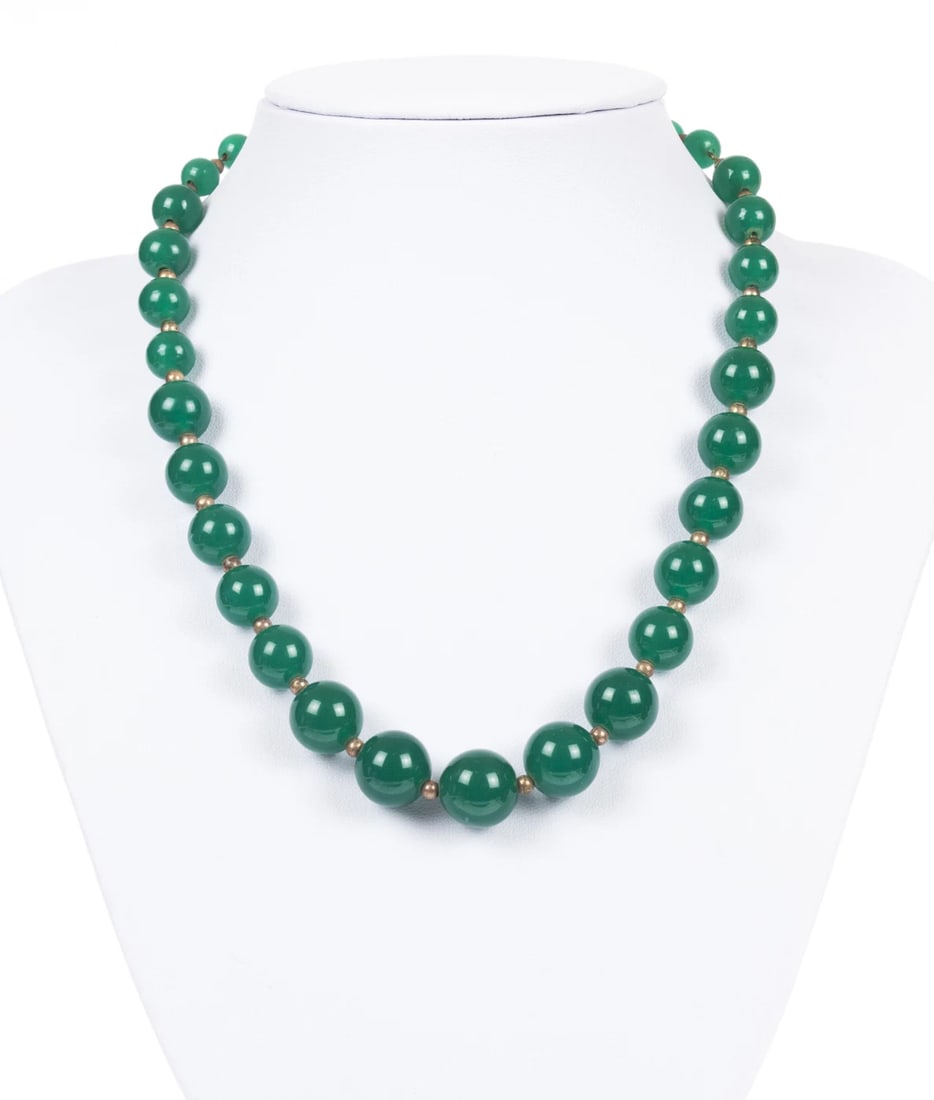 Art Deco Graduated Green Chrysoprase Gold Filled Necklace - 2