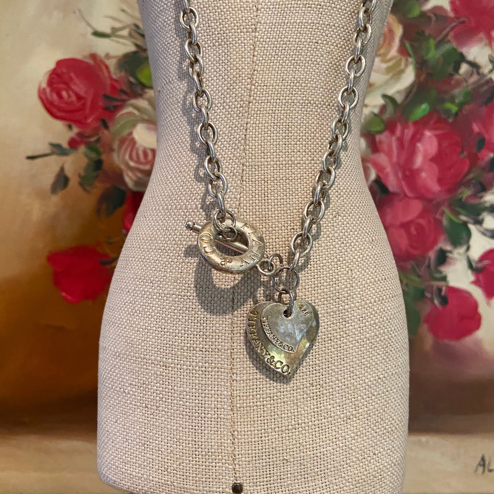 Vintage Tiffany & Co. Double Heart Tag Toggle 925 Sterling Silver Choker Necklace - 3