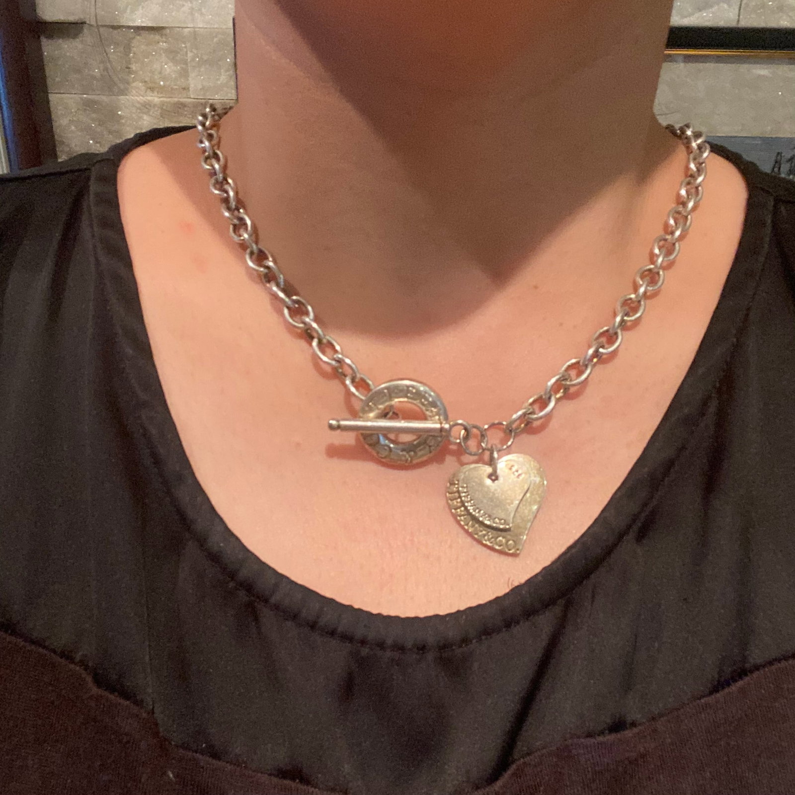 Vintage Tiffany & Co. Double Heart Tag Toggle 925 Sterling Silver Choker Necklace - 8