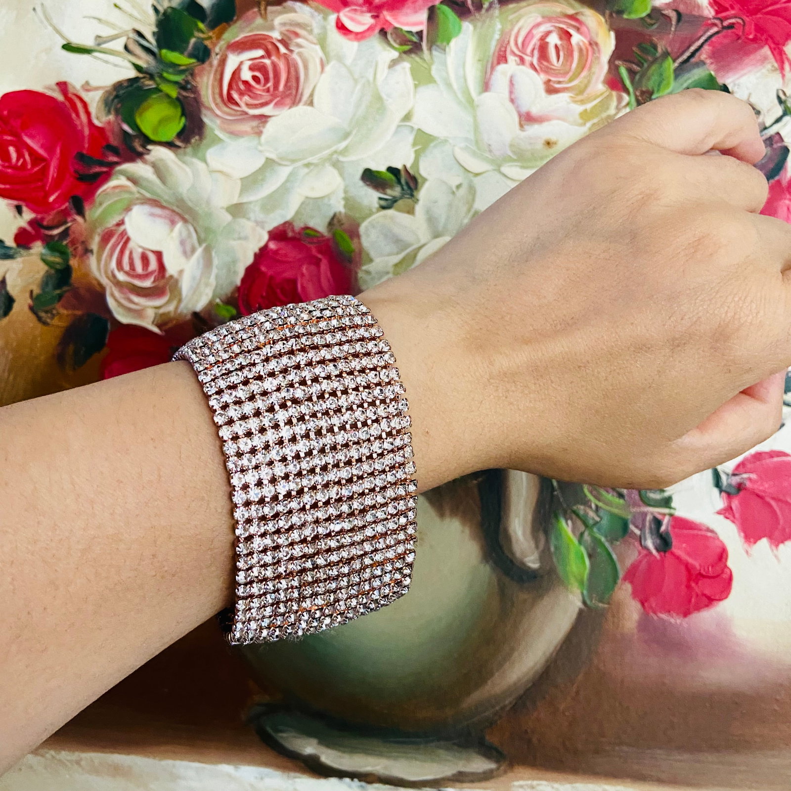 Vintage Rose Gold Tone Full Matura diamond Wide Cuff Bracelet - 2
