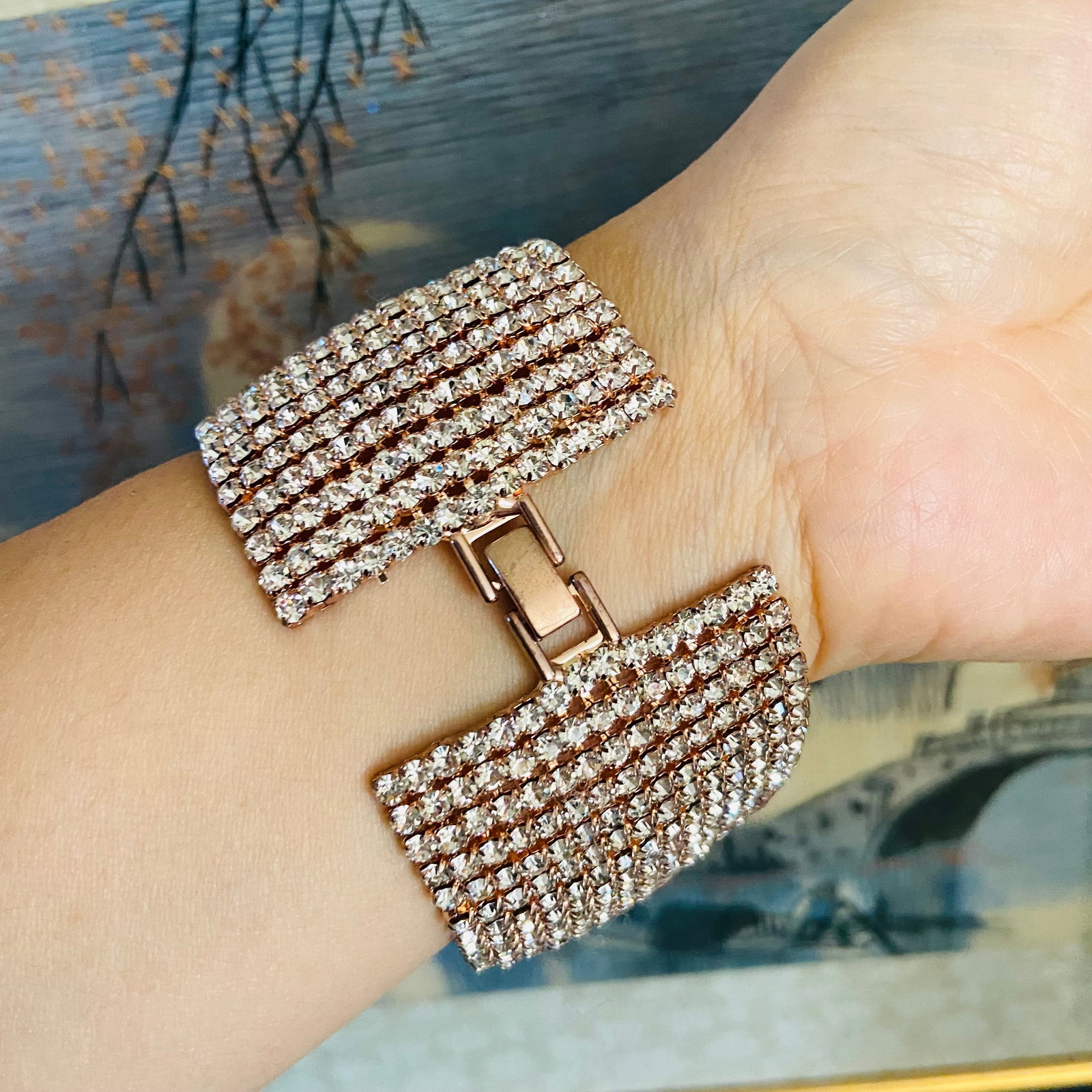 Vintage Rose Gold Tone Full Matura diamond Wide Cuff Bracelet - 4