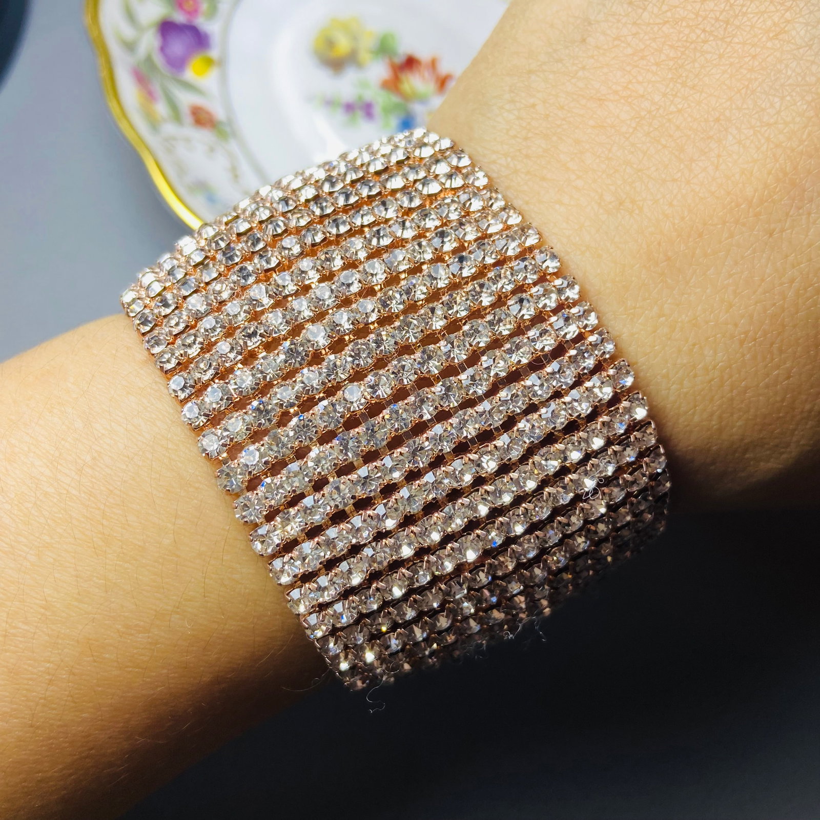Vintage Rose Gold Tone Full Matura diamond Wide Cuff Bracelet - 5