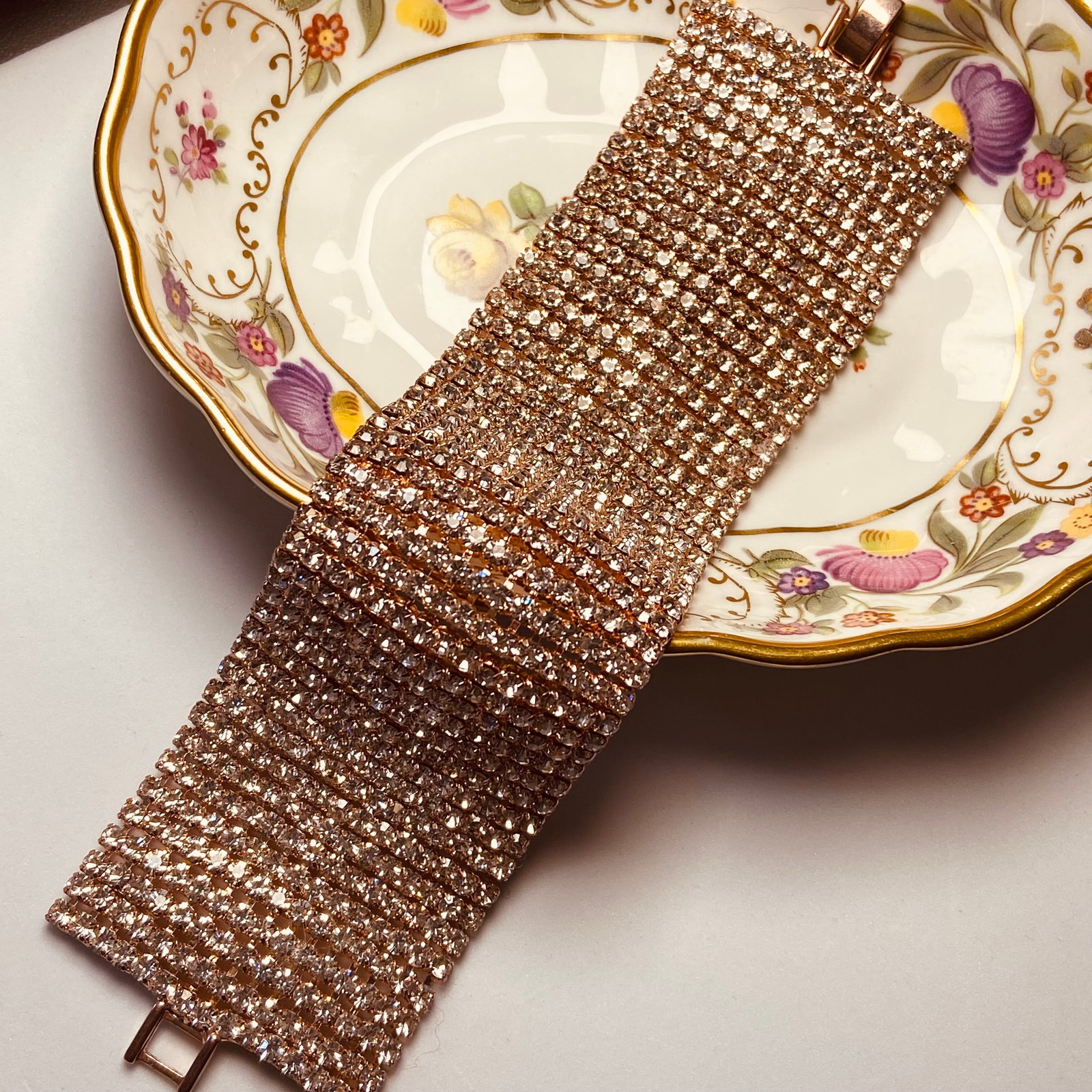 Vintage Rose Gold Tone Full Matura diamond Wide Cuff Bracelet - 6