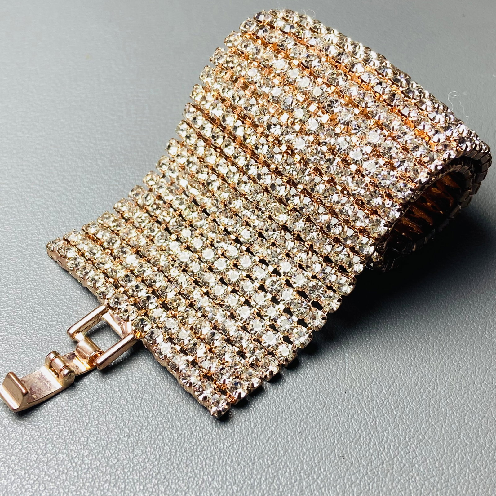 Vintage Rose Gold Tone Full Matura diamond Wide Cuff Bracelet - 8