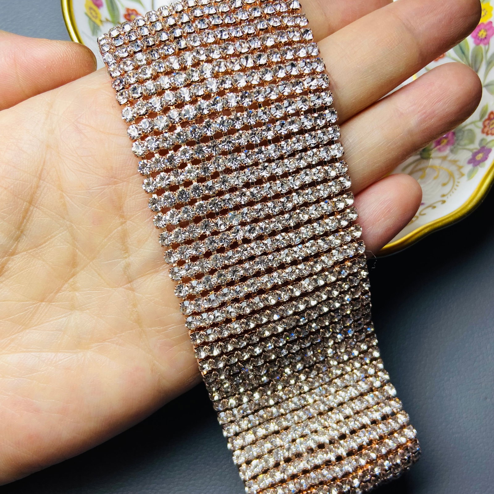 Vintage Rose Gold Tone Full Matura diamond Wide Cuff Bracelet - 9