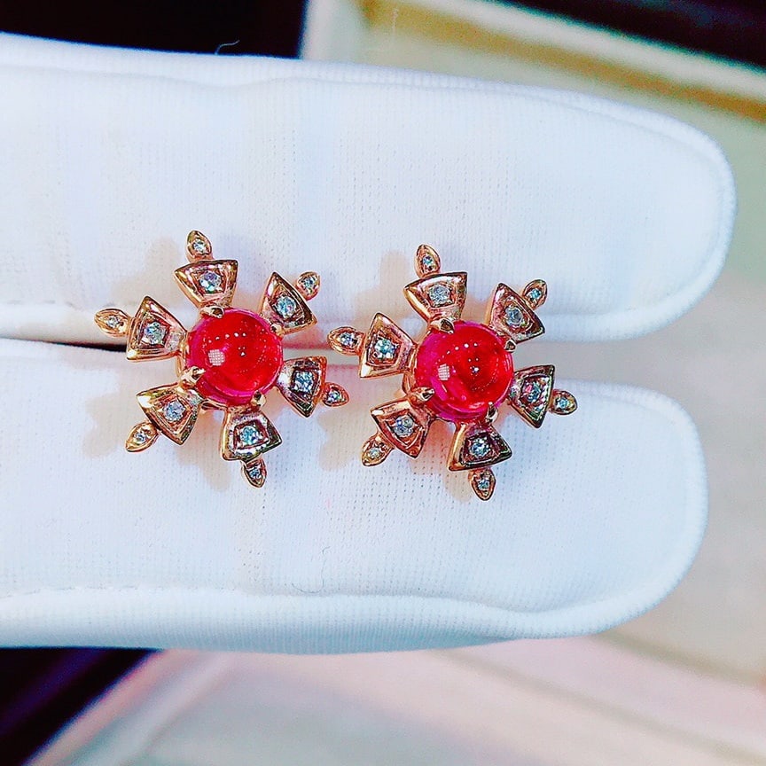 14K GOLD 1.7 CT VIVID RED NATURAL TOURMALINE & DIAMOND EARRINGS - 2