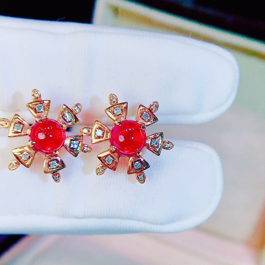 14K GOLD 1.7 CT VIVID RED NATURAL TOURMALINE & DIAMOND EARRINGS - 3