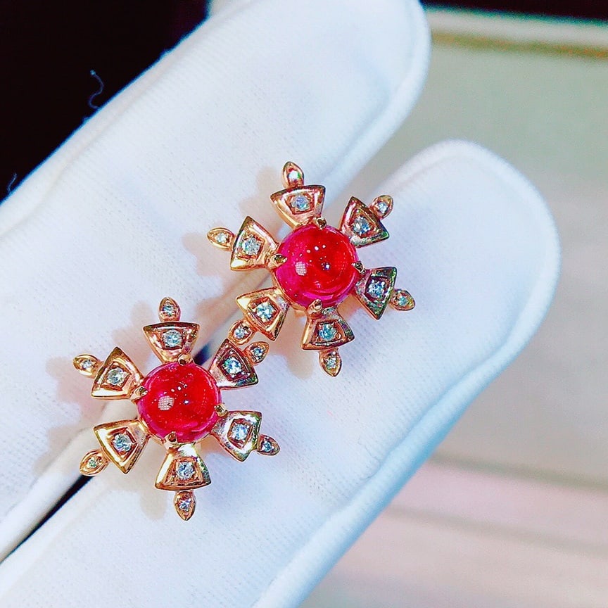 14K GOLD 1.7 CT VIVID RED NATURAL TOURMALINE & DIAMOND EARRINGS - 5