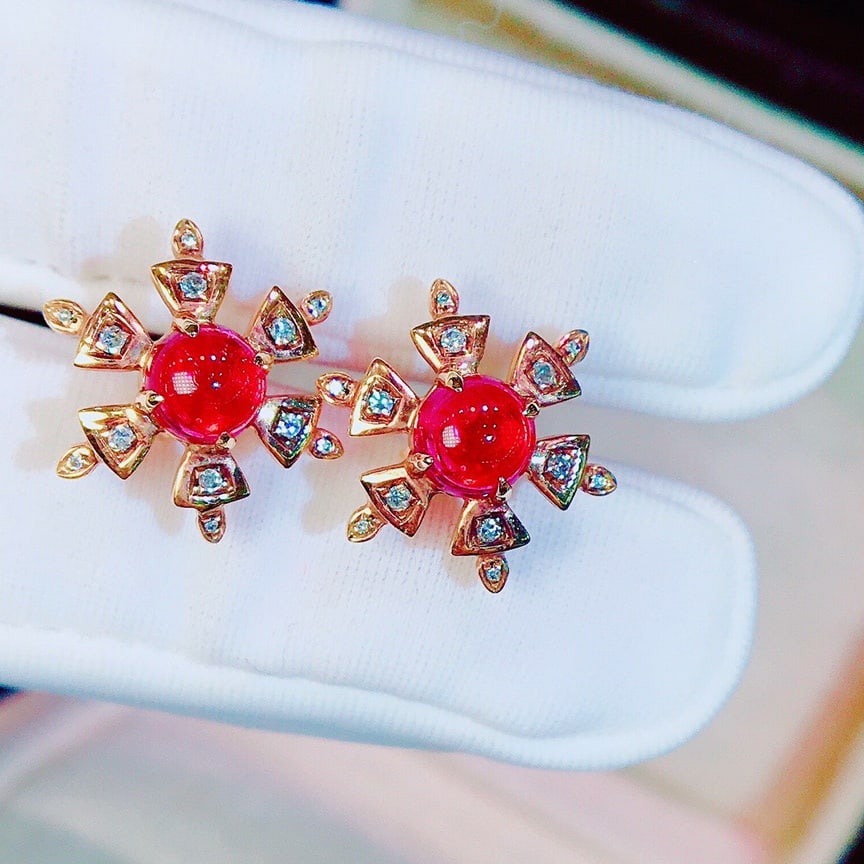14K GOLD 1.7 CT VIVID RED NATURAL TOURMALINE & DIAMOND EARRINGS - 6