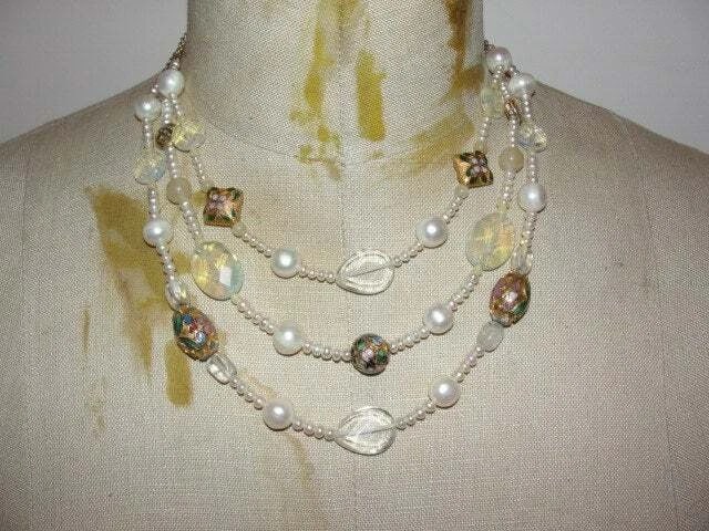 Miriam Haskell Brass Triple Strand Pearl Cloisonne Opalite Glass Bead Necklace - 2