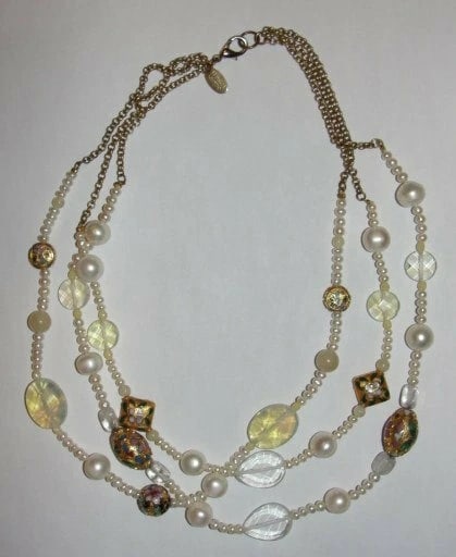 Miriam Haskell Brass Triple Strand Pearl Cloisonne Opalite Glass Bead Necklace - 3
