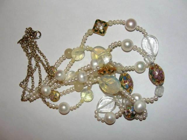 Miriam Haskell Brass Triple Strand Pearl Cloisonne Opalite Glass Bead Necklace - 4