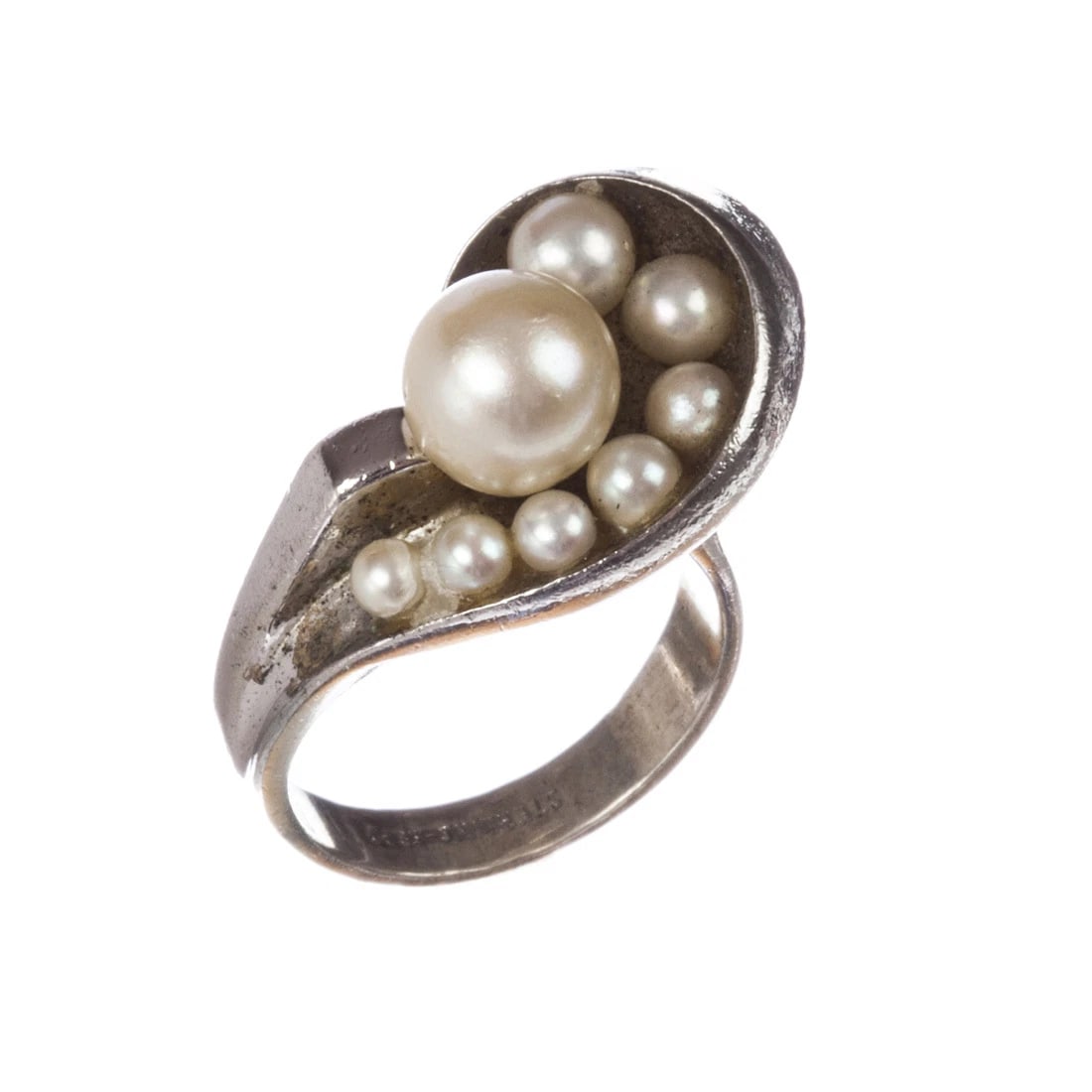 Retro Futuristic Sterling Silver Cultured Pearl Ring - 2