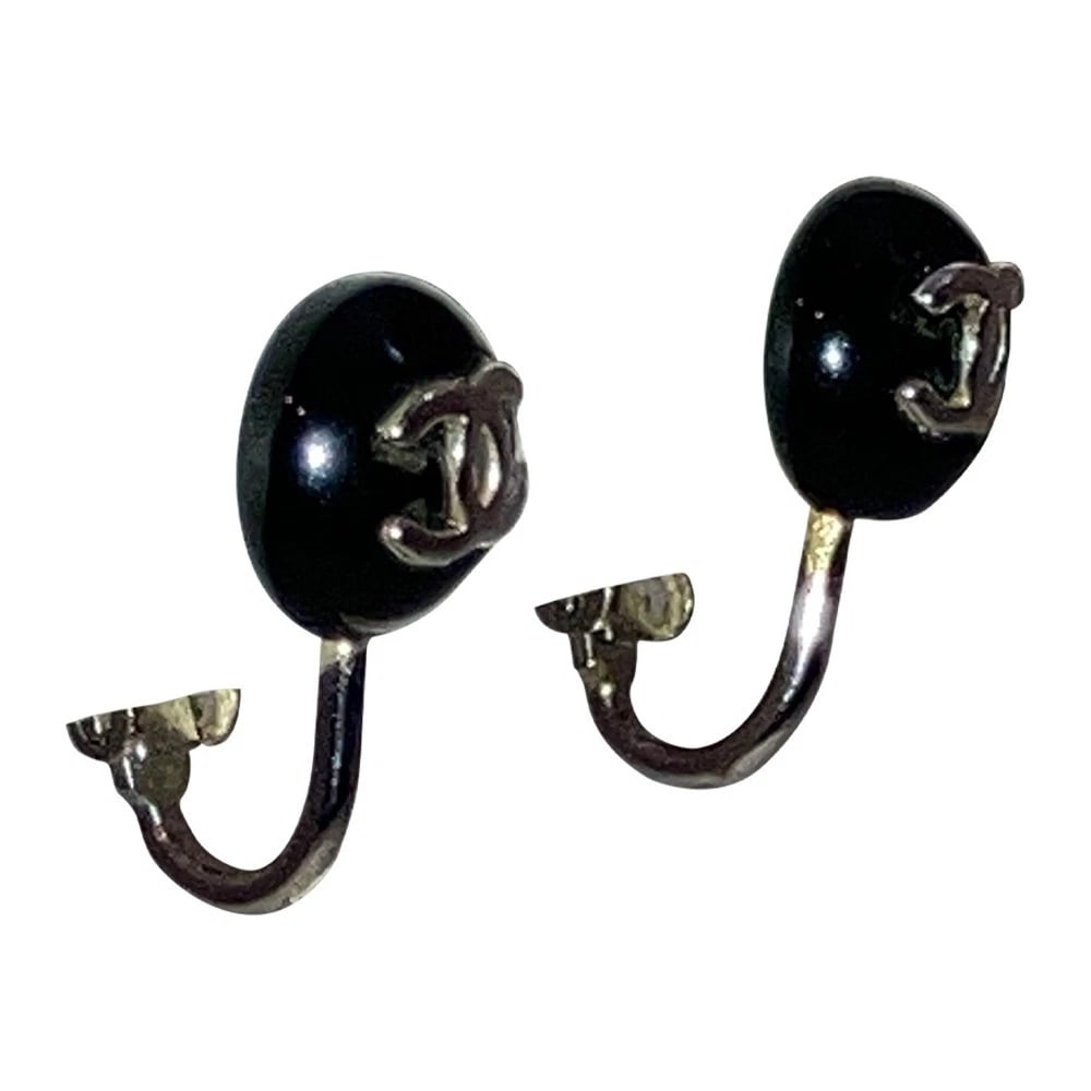 Chanel Black and Silver Coco Vintage Fashion Designer CC Clip On Earrings - 3