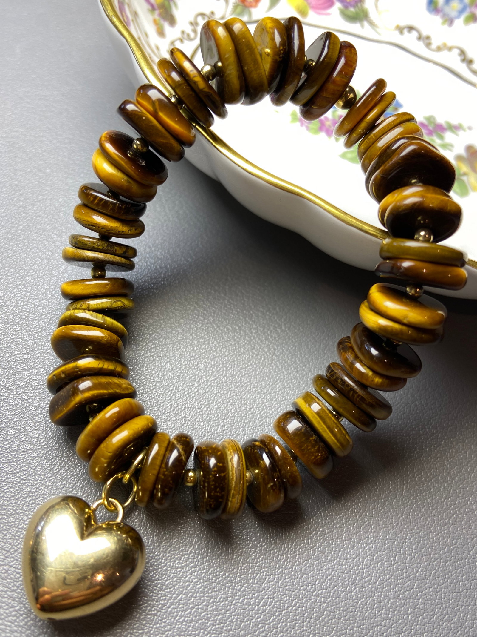 Vintage Italy Tiger Eye Square Beads Bracelet with Large Gold Gilt 925 Silver Heart Charm - 6