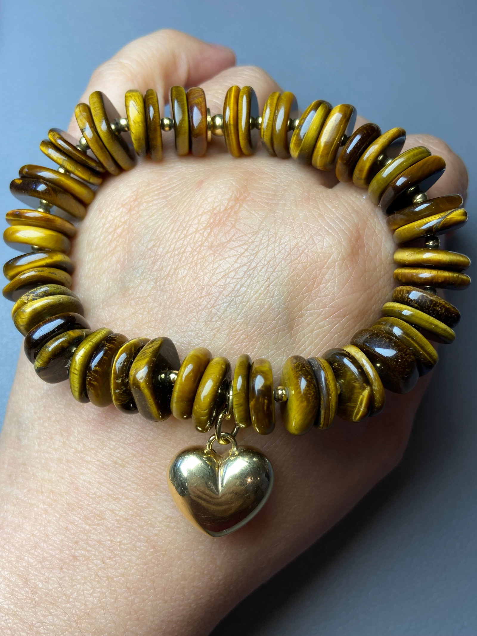 Vintage Italy Tiger Eye Square Beads Bracelet with Large Gold Gilt 925 Silver Heart Charm - 8