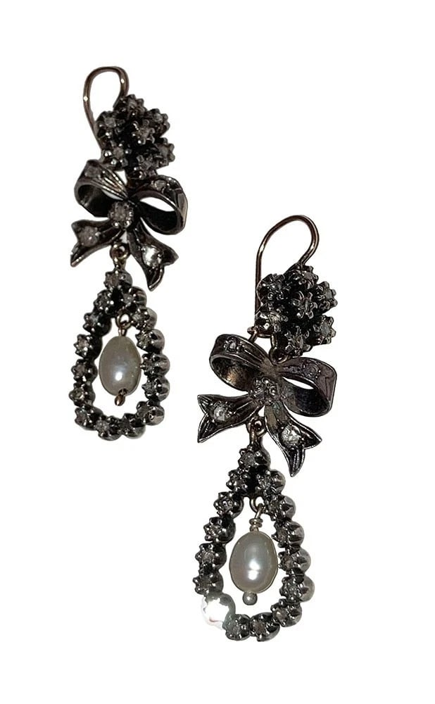 Georgian 14K 14 KT Gold Silver-Front Diamond Earrings with Natural Pearl Dangles - 3