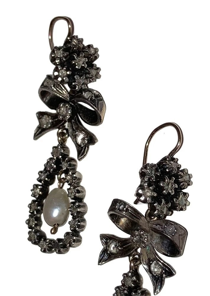 Georgian 14K 14 KT Gold Silver-Front Diamond Earrings with Natural Pearl Dangles - 4