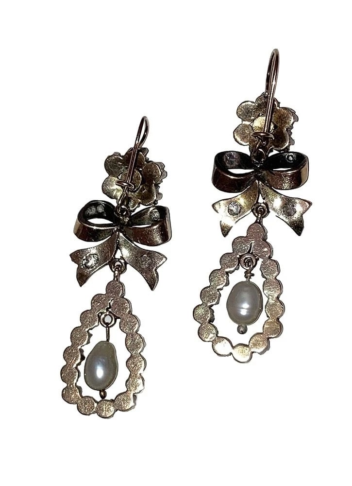Georgian 14K 14 KT Gold Silver-Front Diamond Earrings with Natural Pearl Dangles - 5