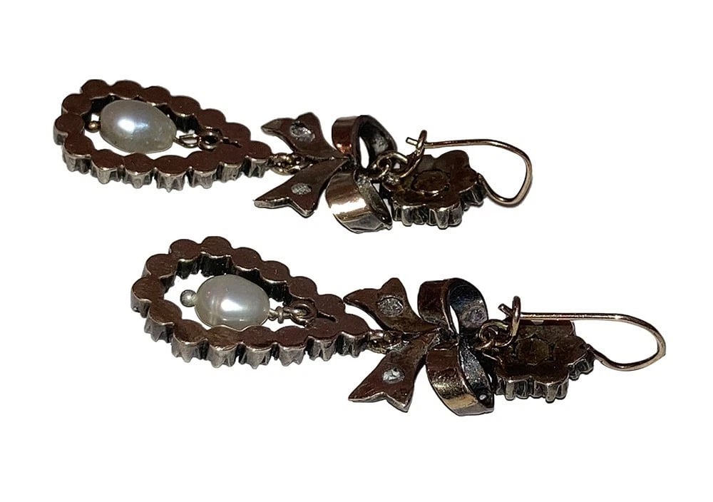 Georgian 14K 14 KT Gold Silver-Front Diamond Earrings with Natural Pearl Dangles - 6
