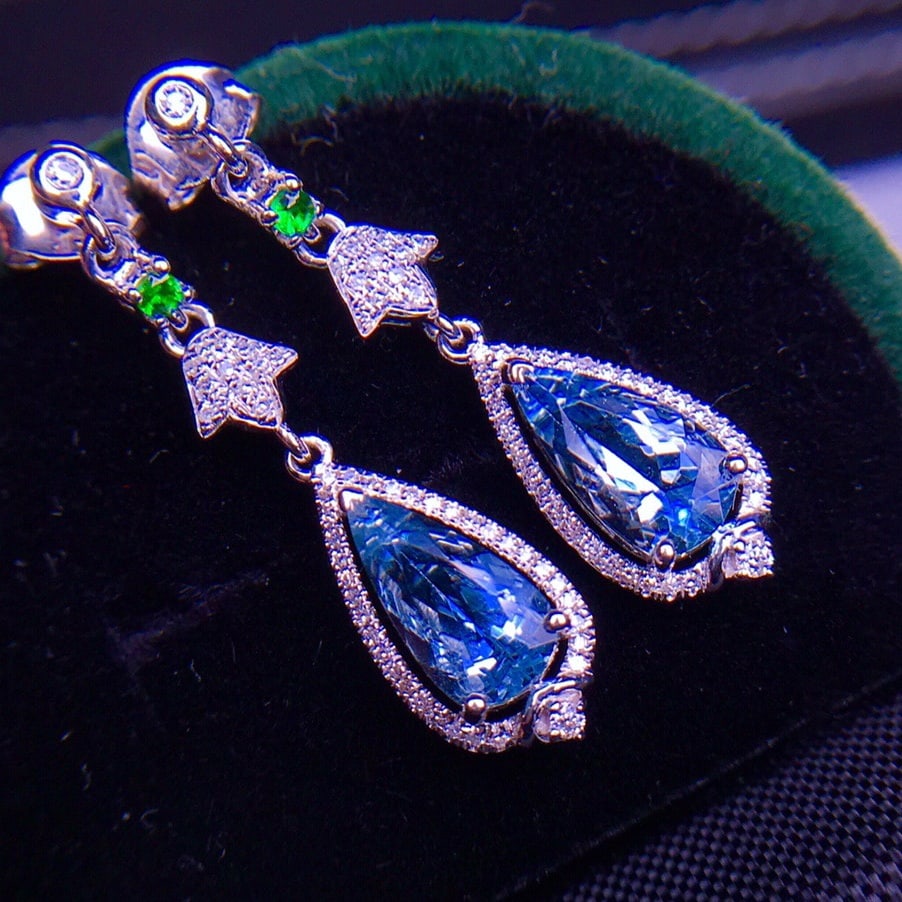 14K GOLD 2.1 CT VIVID BLUE NATURAL AQUAMARINE & DIAMOND EARRINGS - 2