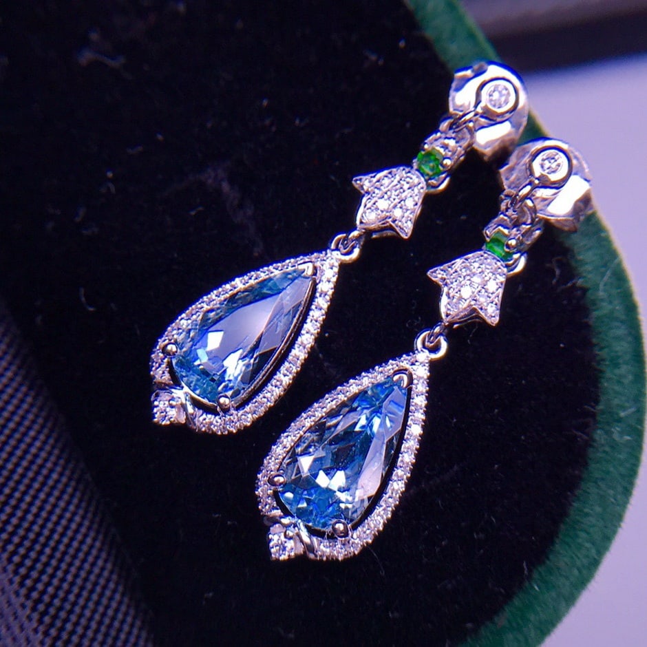 14K GOLD 2.1 CT VIVID BLUE NATURAL AQUAMARINE & DIAMOND EARRINGS - 7