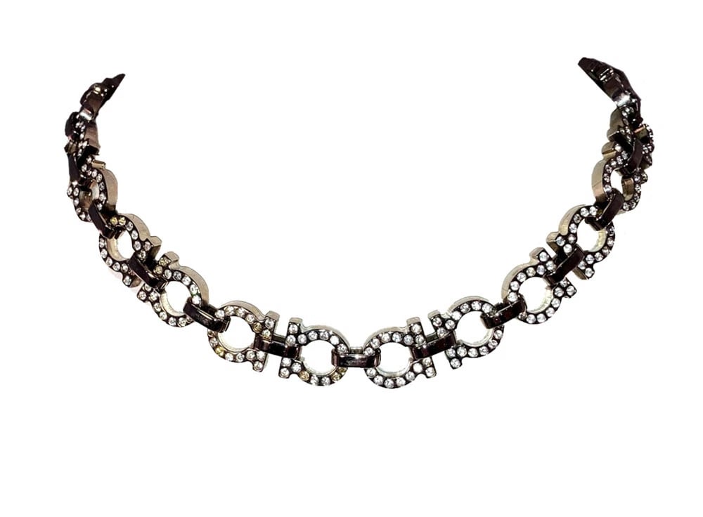 Salvatore Ferragamo Silver Tone Monogram Rhinestone Necklace - 2