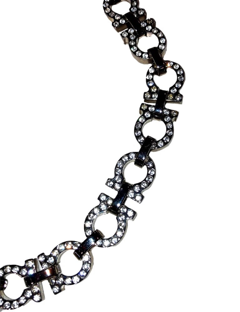 Salvatore Ferragamo Silver Tone Monogram Rhinestone Necklace - 4