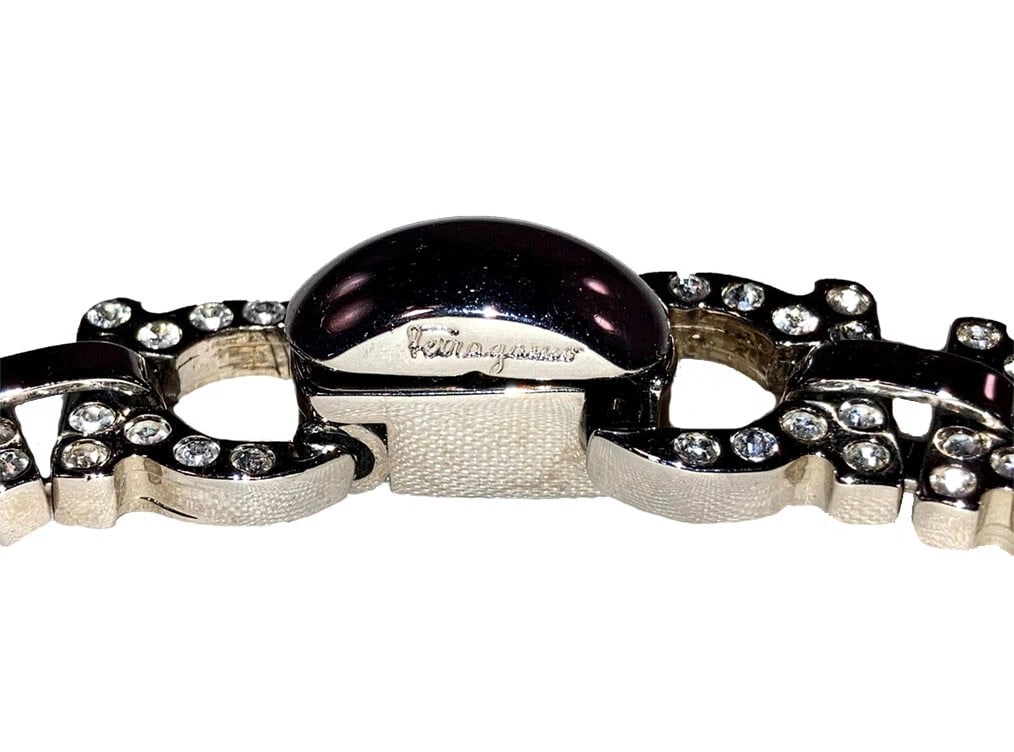 Salvatore Ferragamo Silver Tone Monogram Rhinestone Necklace - 7