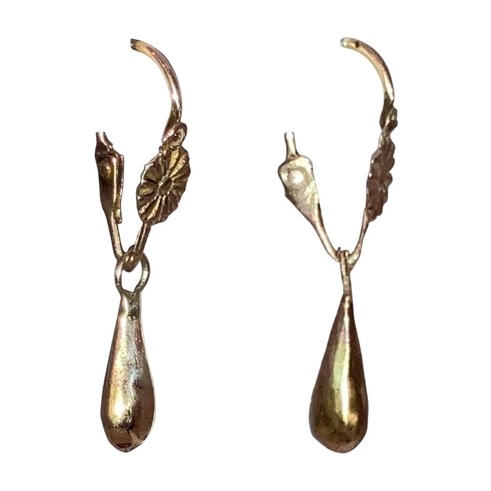 9 KT Gold Mexican Hand Made Flower Drop Earrings - 3