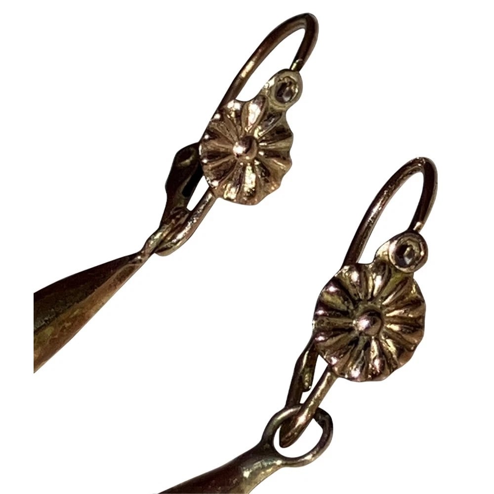9 KT Gold Mexican Hand Made Flower Drop Earrings - 4