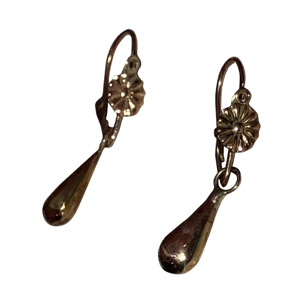 9 KT Gold Mexican Hand Made Flower Drop Earrings - 5