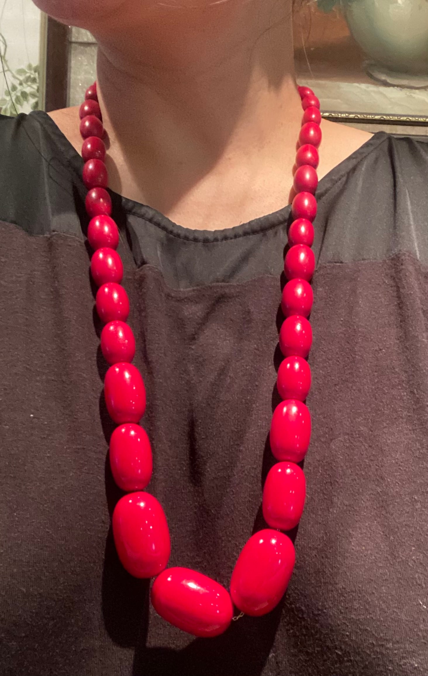 Art Deco Cherry Amber Early Plastic Antique Original "WIRE STRUNG" Faturan Graduated Bead Necklace - 10