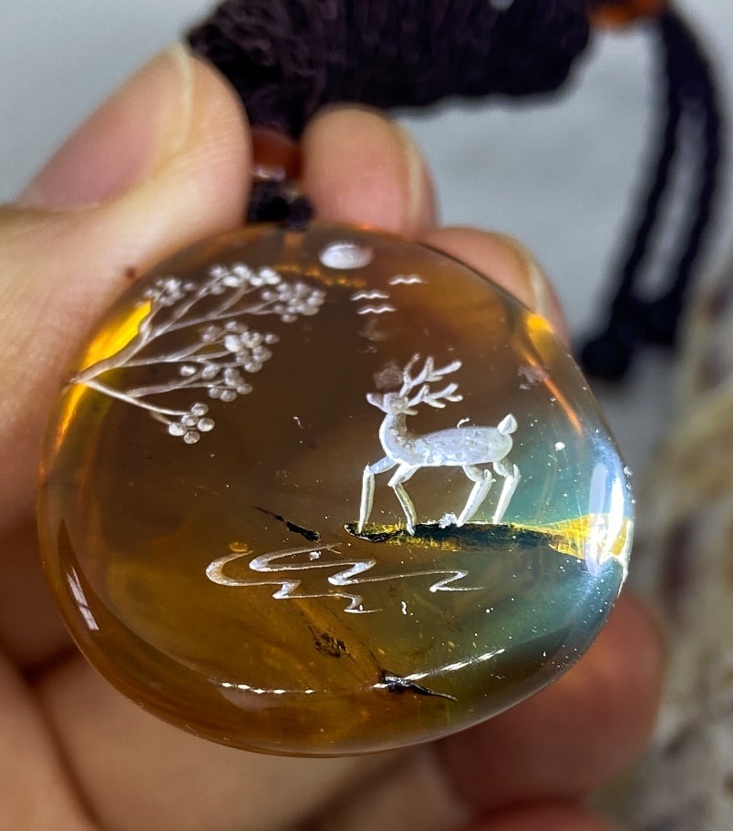 Golden Blue Amber Handcarved Amulet Pendant Necklace - 9