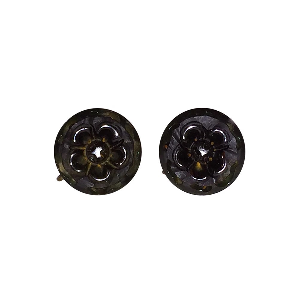 Dark Green Carved Bakelite Button Earrings - 2