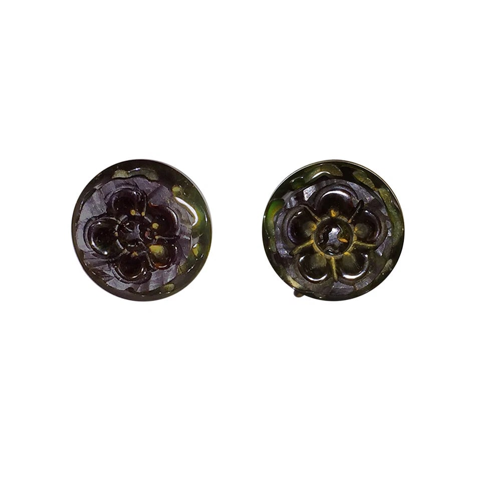 Dark Green Carved Bakelite Button Earrings - 3