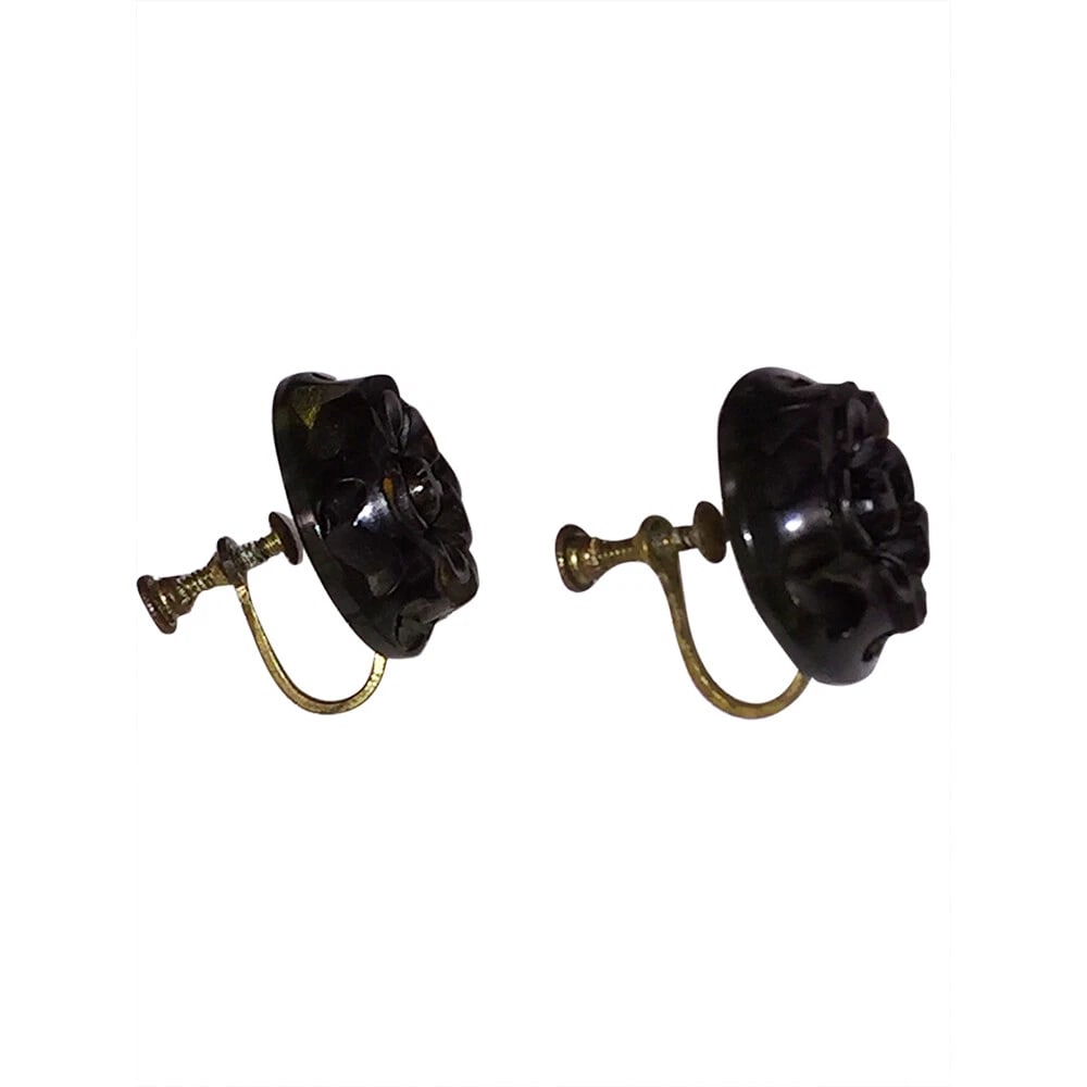 Dark Green Carved Bakelite Button Earrings - 5
