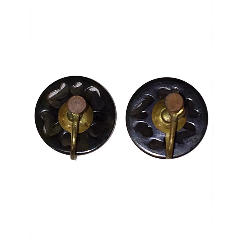 Dark Green Carved Bakelite Button Earrings - 7