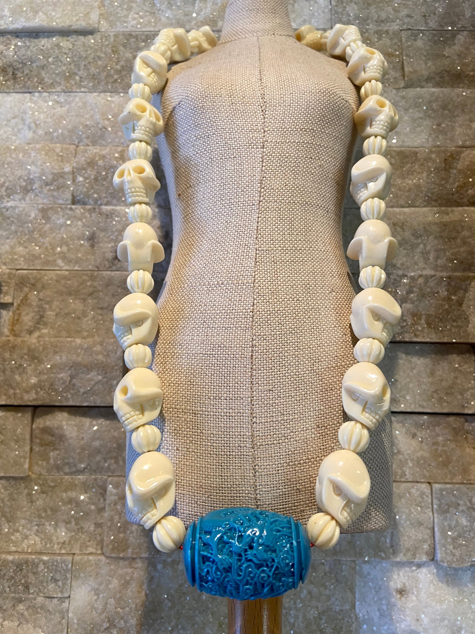 Vintage Celluloid Hand carved Skull Beads Necklace with Turquoise Dragon Amulet Pendant (1 of 9)