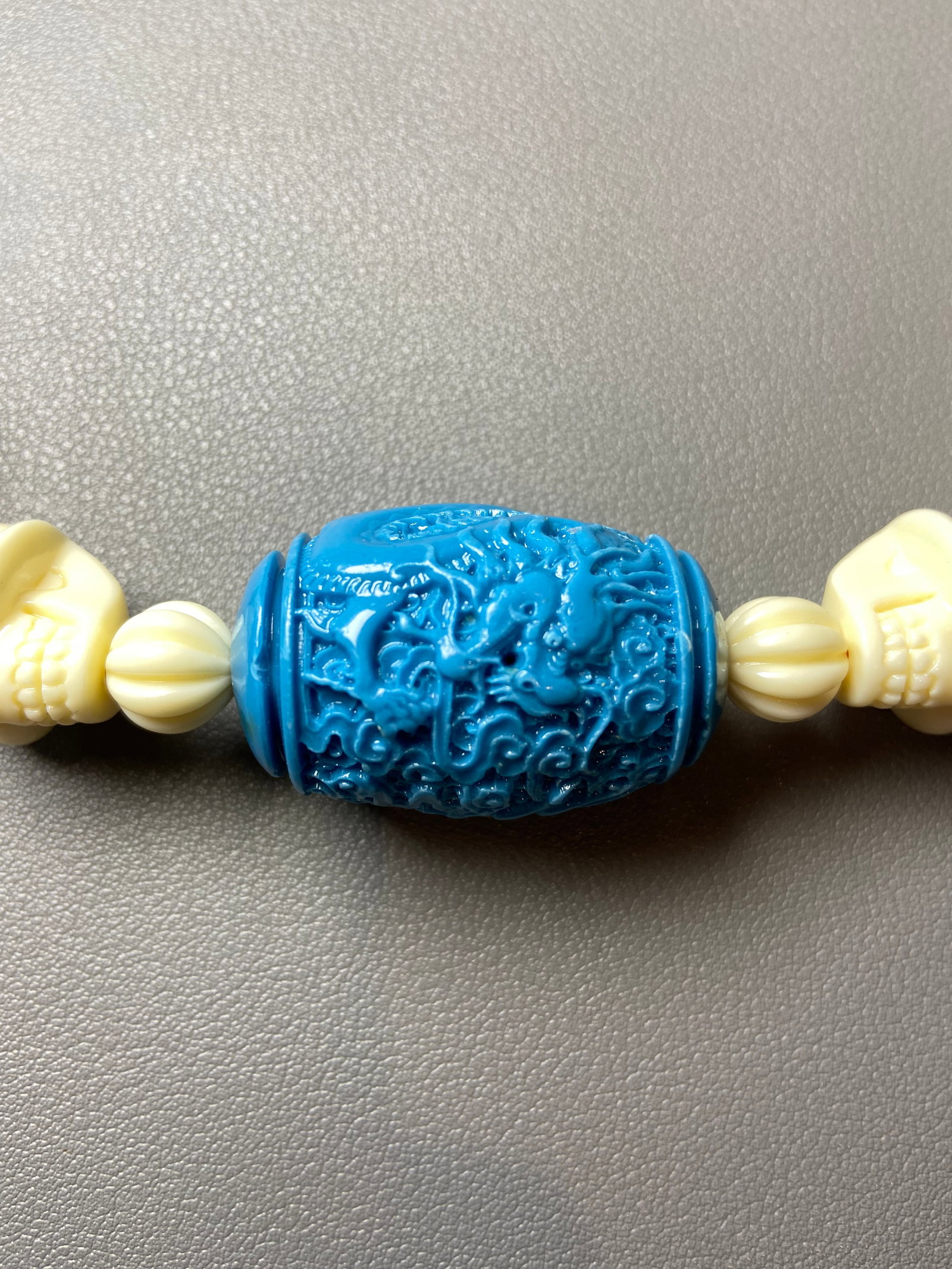 Vintage Celluloid Hand carved Skull Beads Necklace with Turquoise Dragon Amulet Pendant - 3