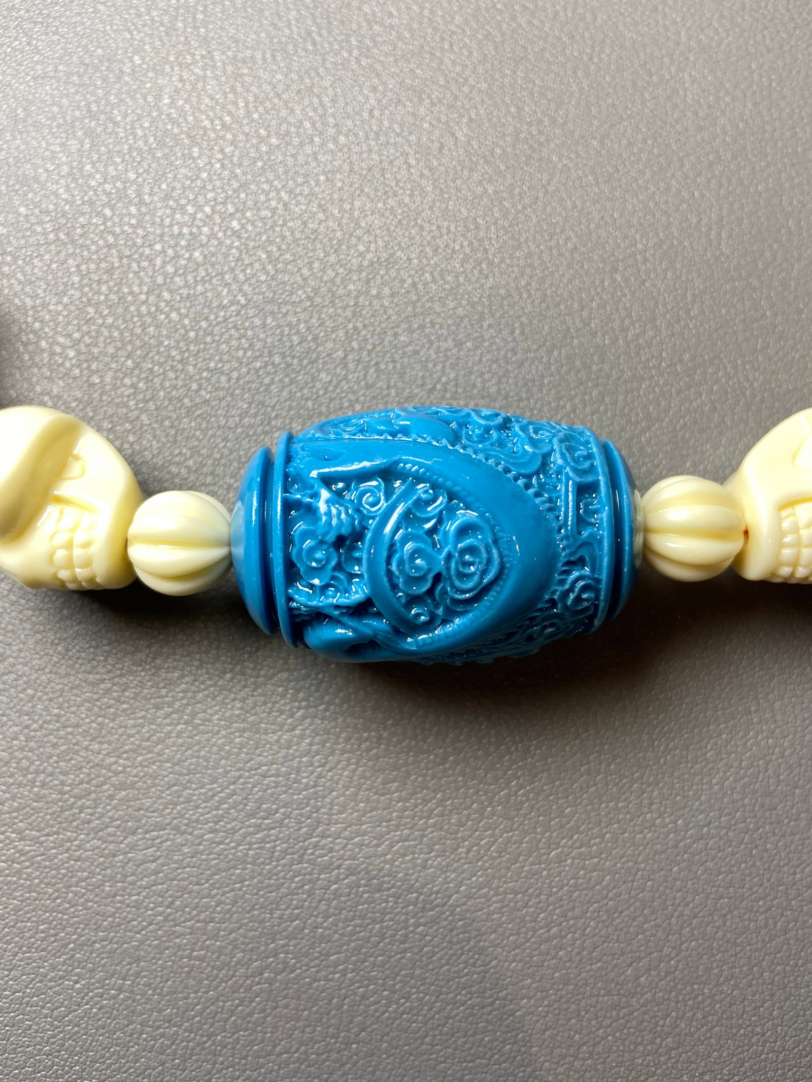 Vintage Celluloid Hand carved Skull Beads Necklace with Turquoise Dragon Amulet Pendant - 4