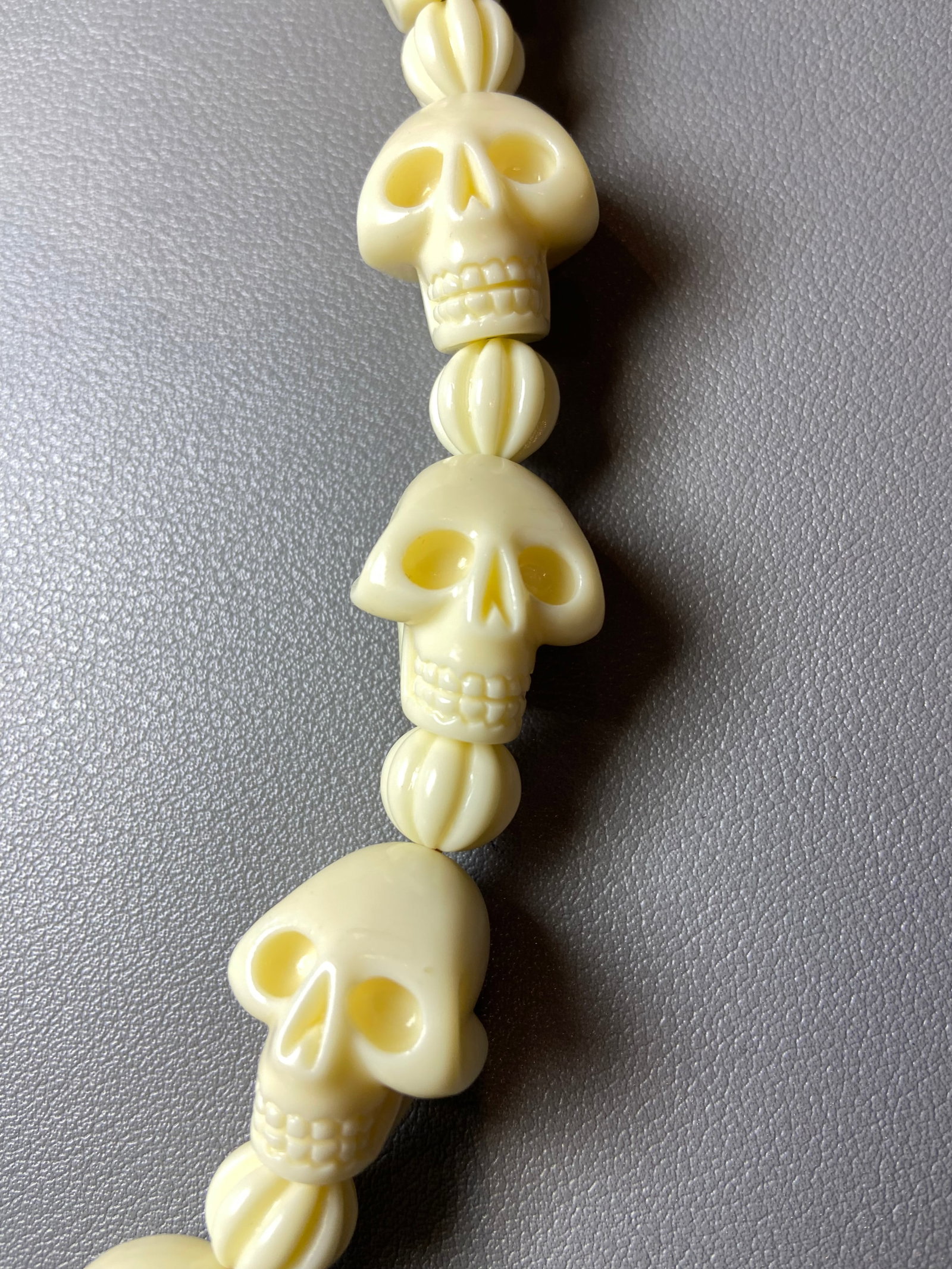 Vintage Celluloid Hand carved Skull Beads Necklace with Turquoise Dragon Amulet Pendant - 6
