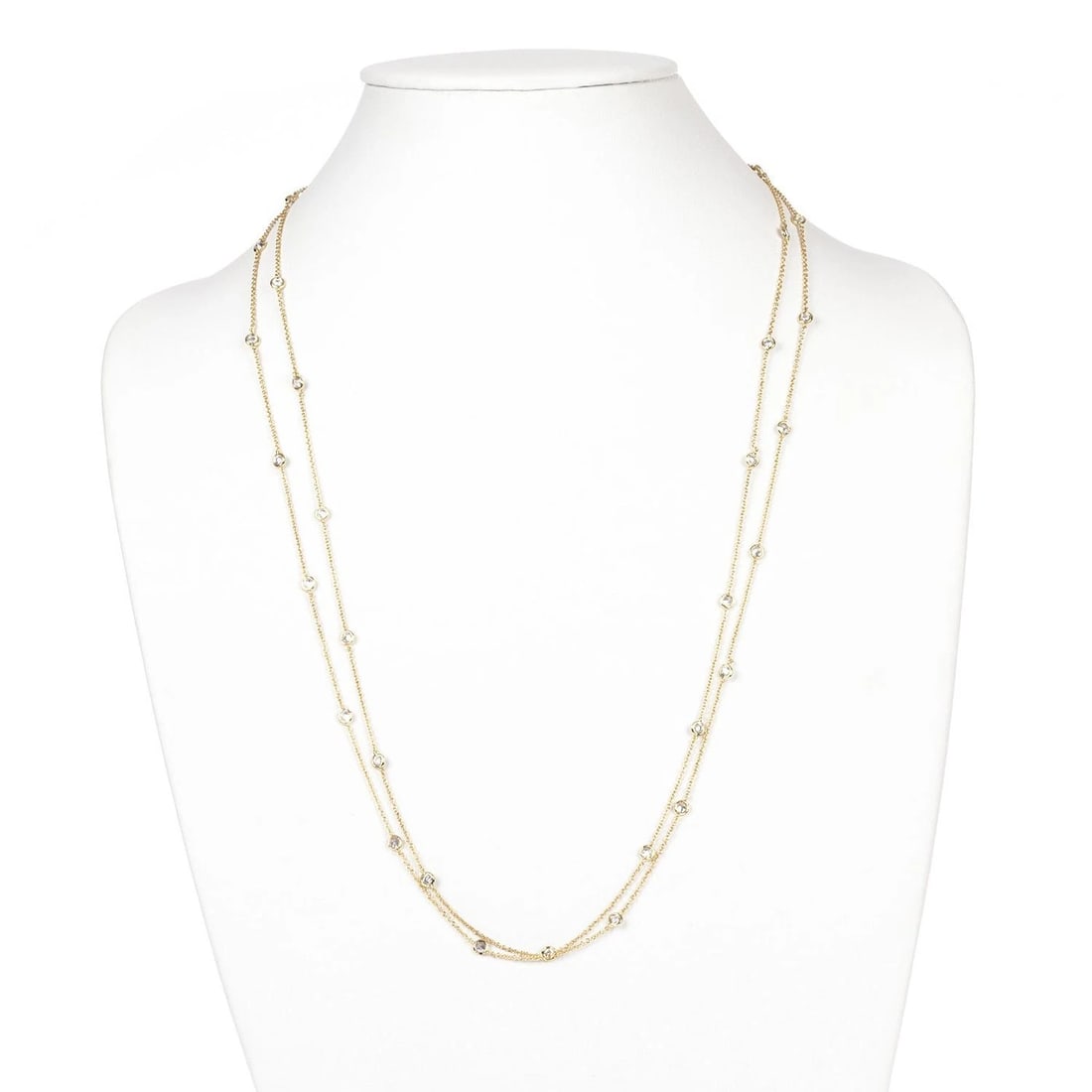 Gold Plated Bezel Set Cubic Zirconia Necklace: Title:Gold Plated Bezel Set Cubic Zirconia Necklace Description:Thirty six cubic zirconia bezel set in 18 kt gold plated necklace. Necklace measures, 54" long. Froo www.froo.com | Froo Cross Sell,