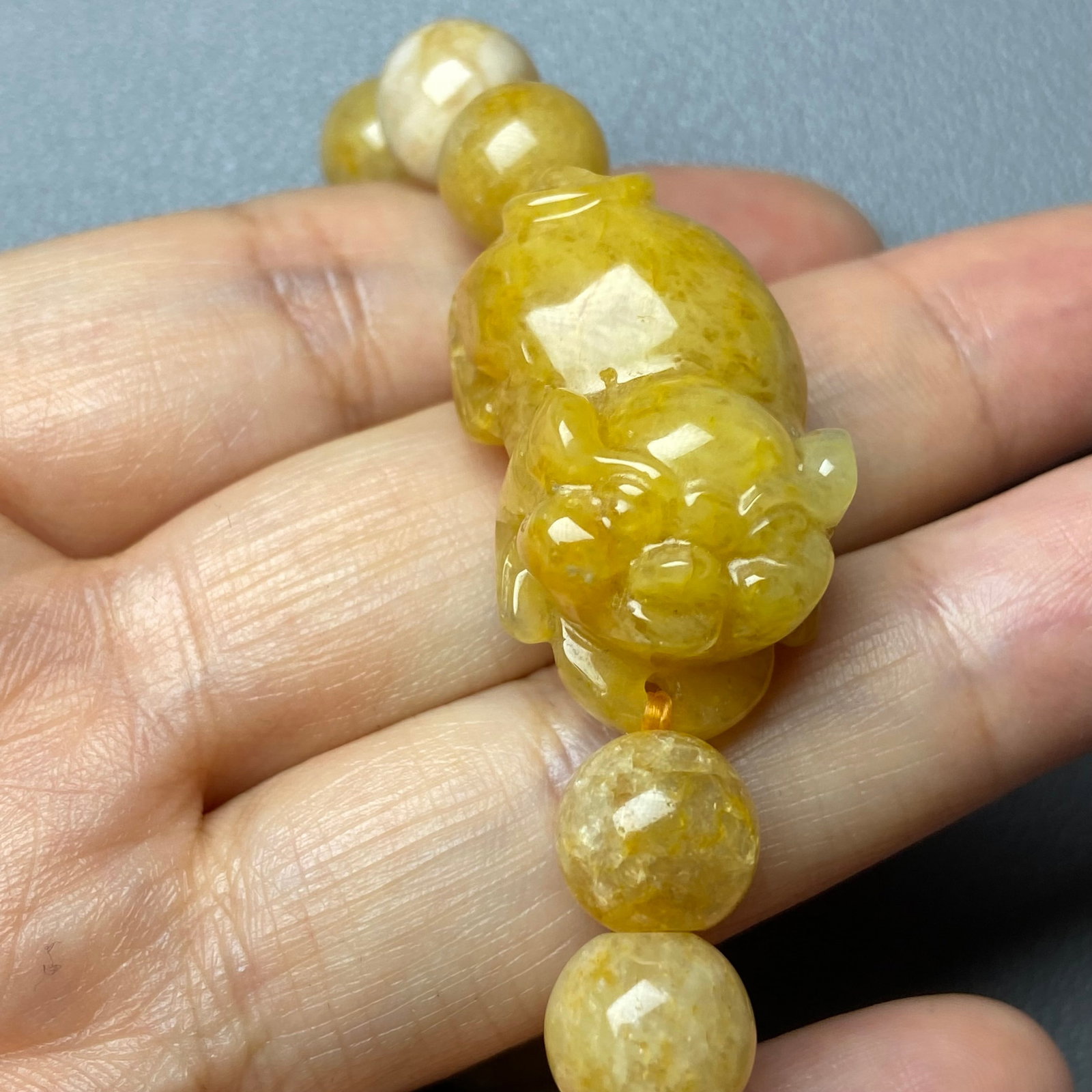 Vintage Yellow Jade carved Pixiu Beads Bracelet - 5