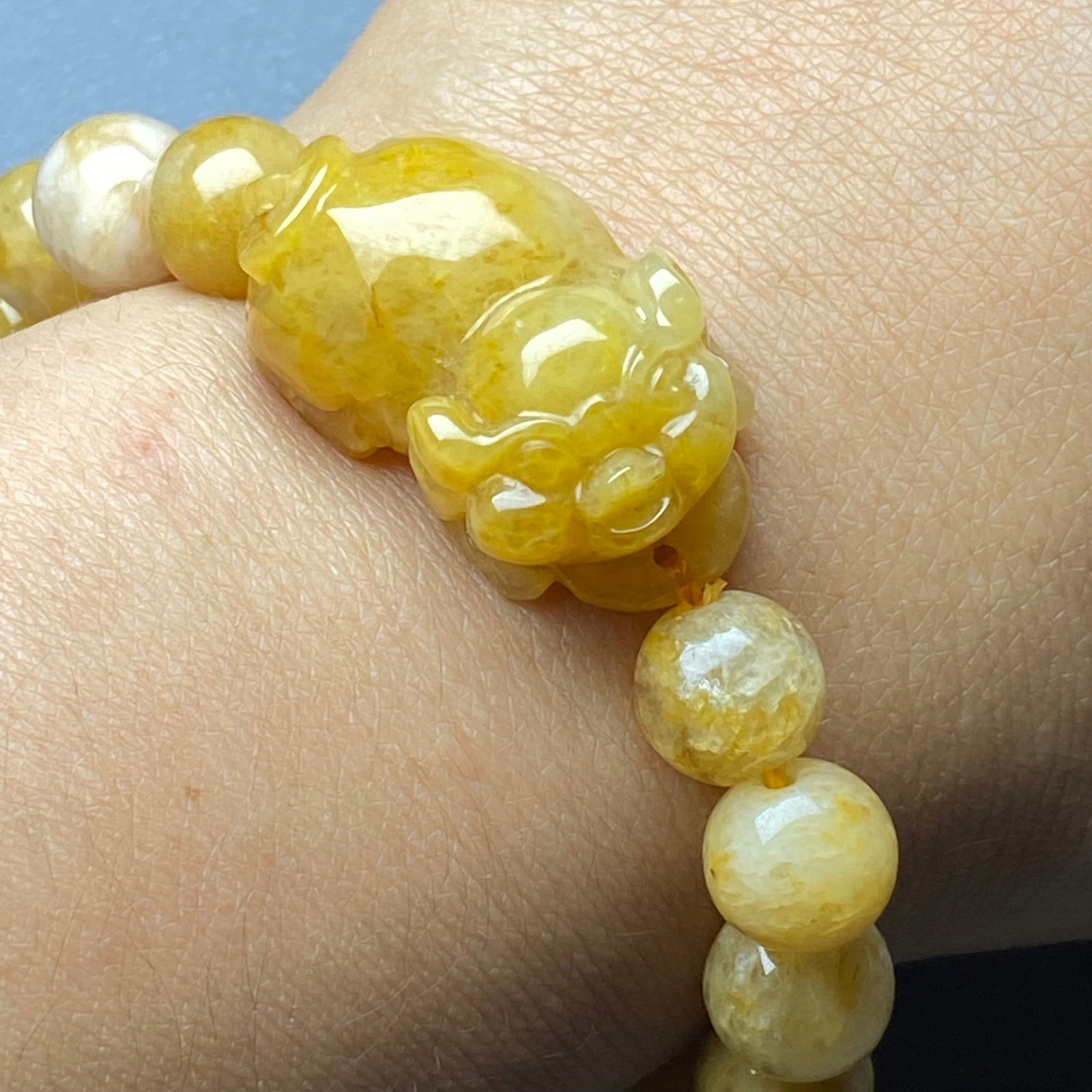 Vintage Yellow Jade carved Pixiu Beads Bracelet - 6