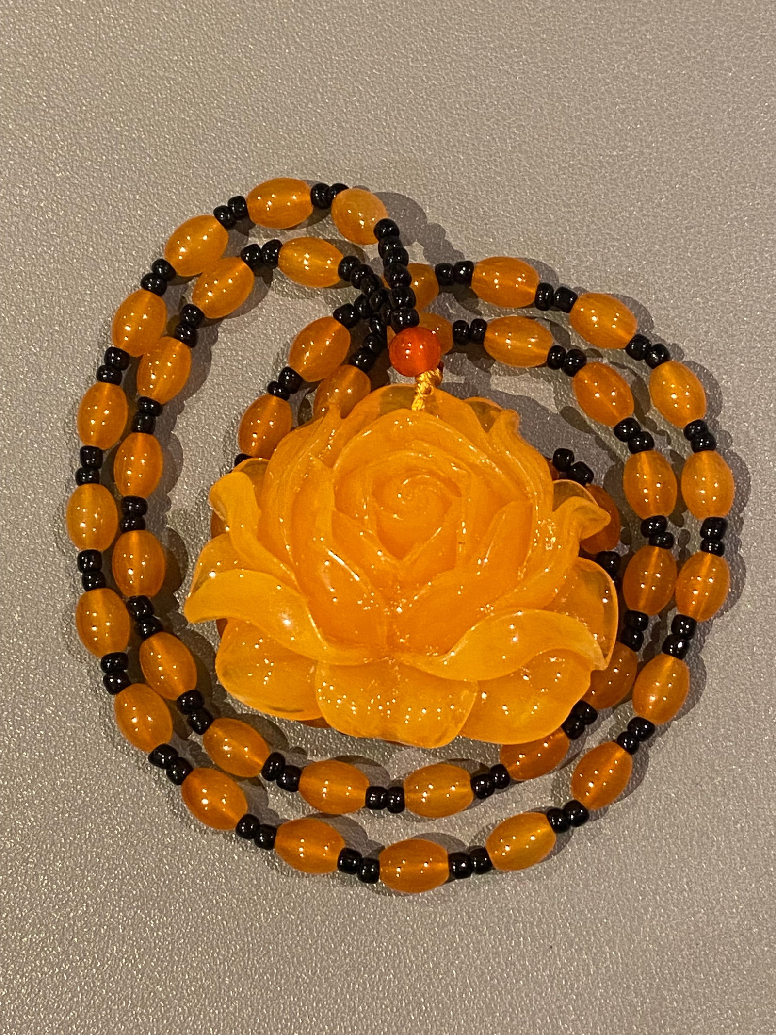 Amber-like Hand Carved Large Flower Pendant with Beaded Chain - 4
