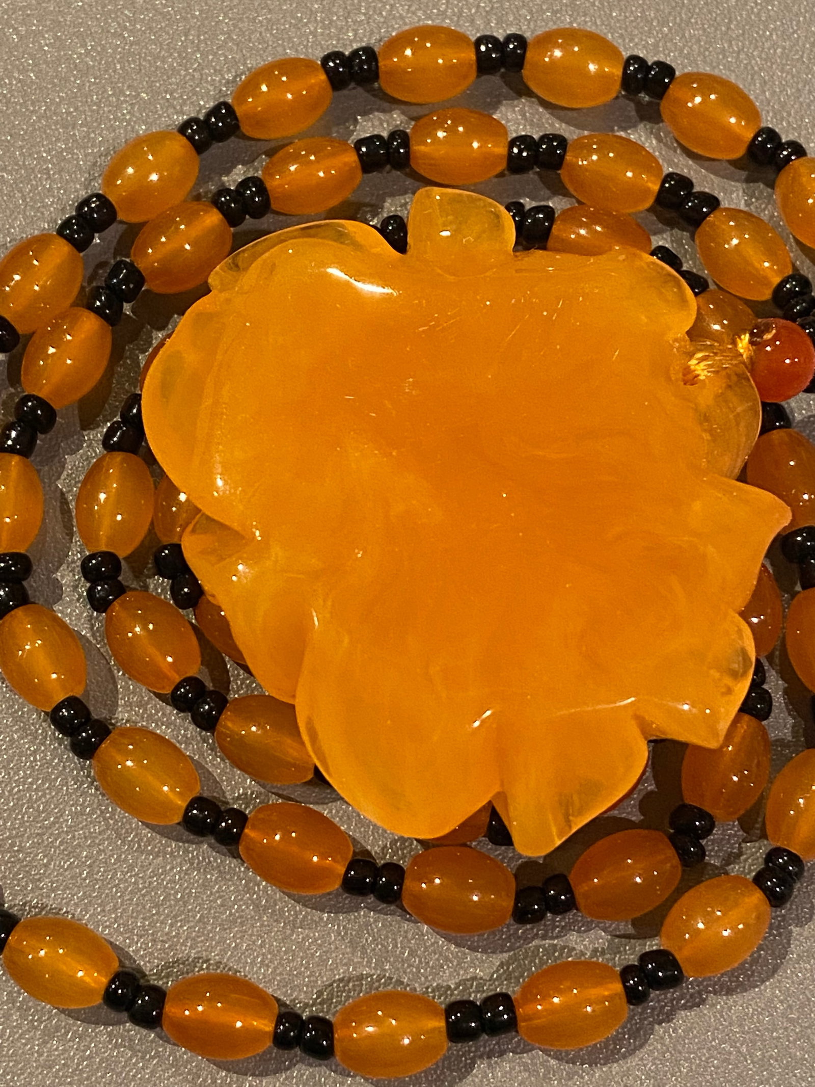 Amber-like Hand Carved Large Flower Pendant with Beaded Chain - 5